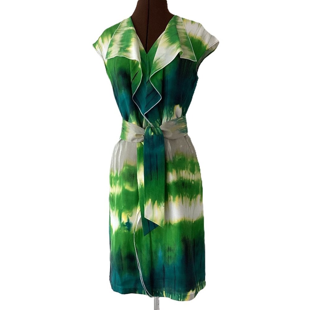 Green Silk Dress with Front Ruffle and Sash